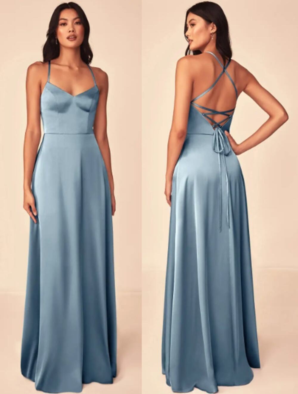 NWT Azazie Mei A-Line V-Neck Stretch Satin Dress Dusty Blue Women's Size A24